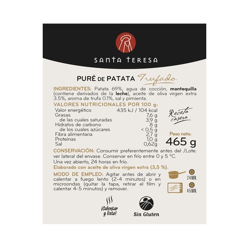 SANTA TERESA  Pure de patata con un toque de trufa, listo para caletar y comer 465 g.