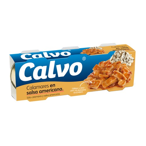 CALVO Calamares en salsa americana en trozos pack de 3 latas de 48 g.