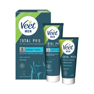 VEET Men total pro Crema depilatoria para la zona íntima, pieles sensibles (150 ml) + bálsamo post-depilación (50 ml).