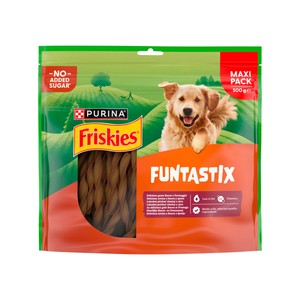 Friskies funtastix Snacks para perro con sabor a bacon y queso 500 g.