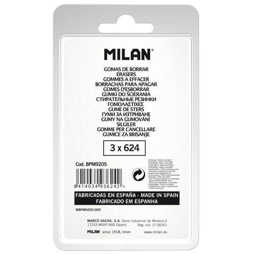 Lote de 3 gomas de borrar rectangulares y de color blanco MILÁN Nata Nº624.