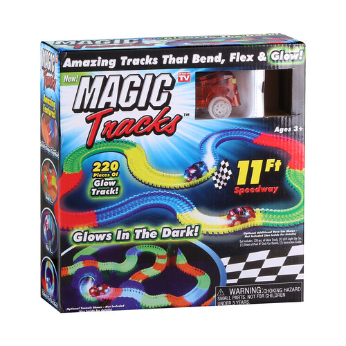 Magic Tracks Pista de carreras Bendy que brilla en la oscuridad de 11 pies, 220 piezas y 1 coche