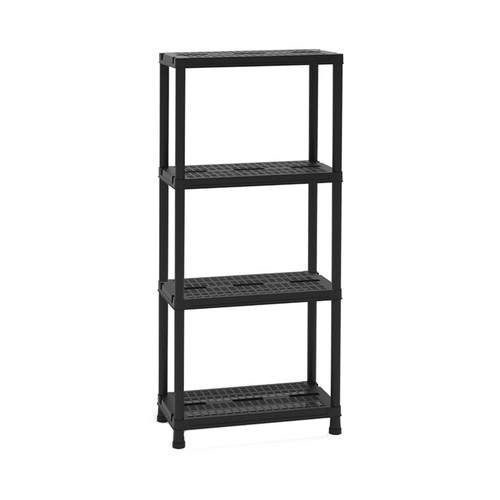 Estanteria de resina negra con 4 baldas, incluye kit de fijación, 138x60x30cm. TOOMAX.