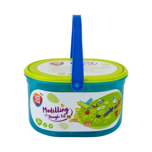 Cubo con botes de pasta y accesorios para moldear ONE TWO FUN ALCAMPO.