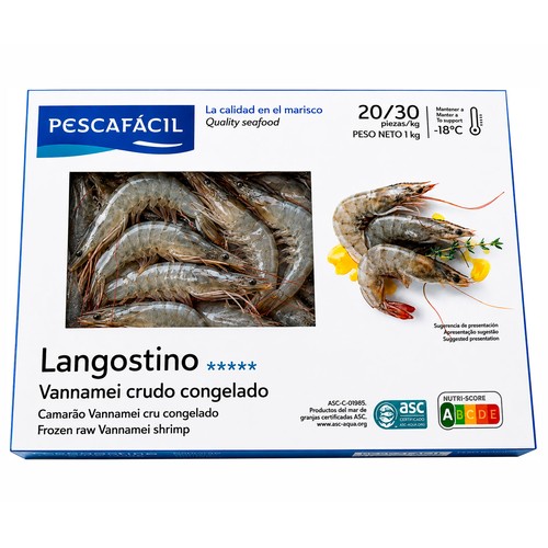 Langostino vannamei crudo 20/30; 1 kg.