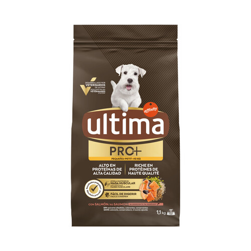 ULTIMA Pro + Alimenntación para perros pequeños 10 kg, con salmón, alto en proteínas y sin azúcares añadidos, 1,1 kg. 