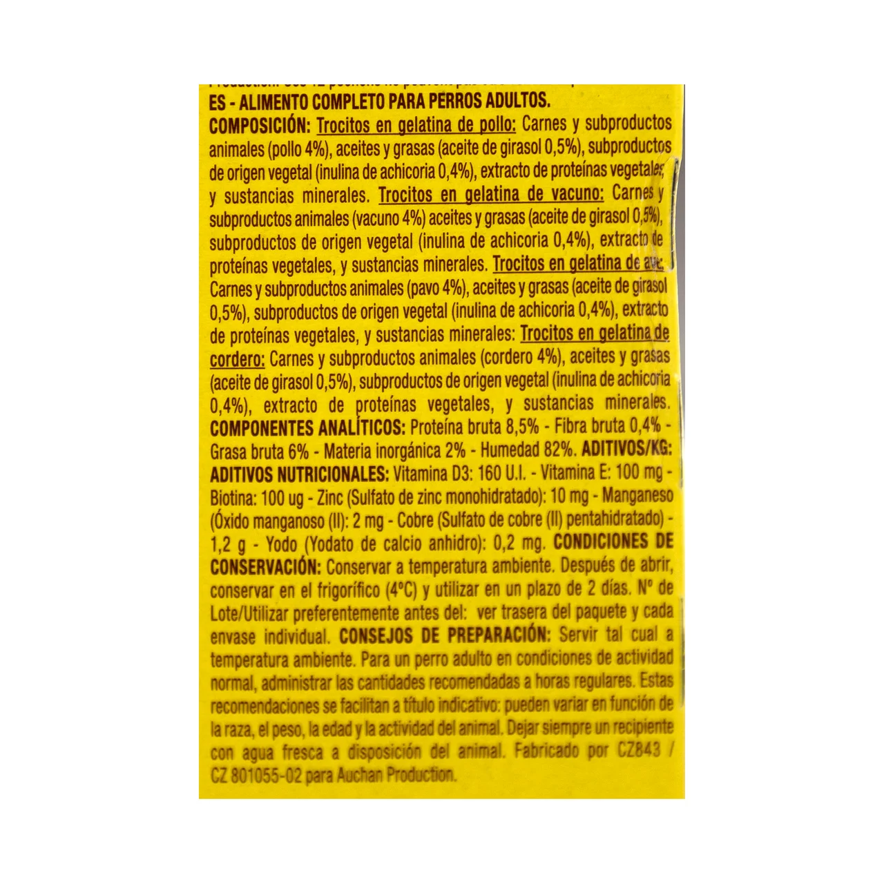 PRODUCTO ALCAMPO Alimento completo para perros adultos a base diferentes carnes 12 x 100 g.