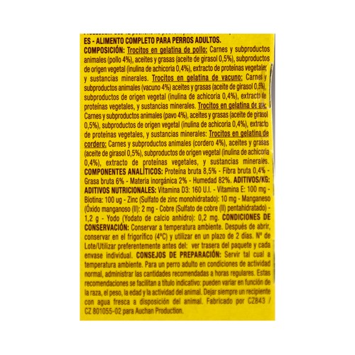 PRODUCTO ALCAMPO Alimento completo para perros adultos a base diferentes carnes 12 x 100 g.