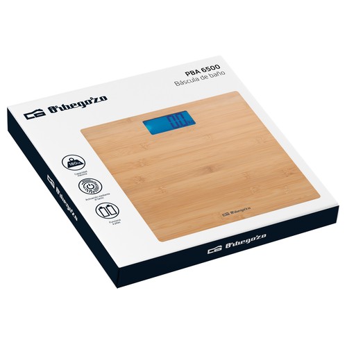 Báscula electrónica de bambú OBREGOZO PBA 6500, pantalla LCD, capacidad máxima 180kg.