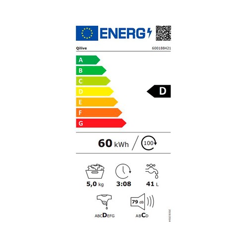 Lavadora QILIVE Q.6421 5KG, clasificación energética: D, 800RPM, H: 85cm, A: 59,5cm, F: 44cm.