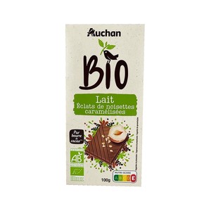 ALCAMPO ECOLÓGICO Chocolate con leche, con trocitos de avellana caramelizada ecológicas 100 g.