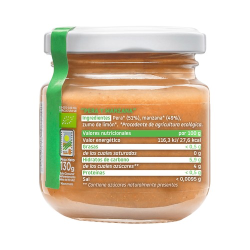 SMILEAT Tarrito de fruta 100% ecológica (pera y manzana), a partir de 6 meses 130 g.