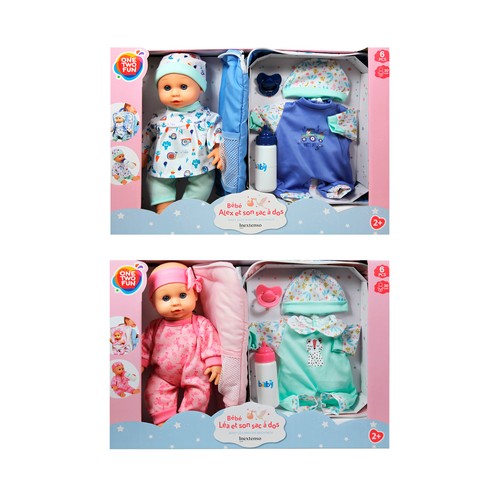 Muñeco Bebé con mochila portabebés y vestido extra 30cm, 6 piezas, modelos surtidos +2 Años ONE, TWO FUN
