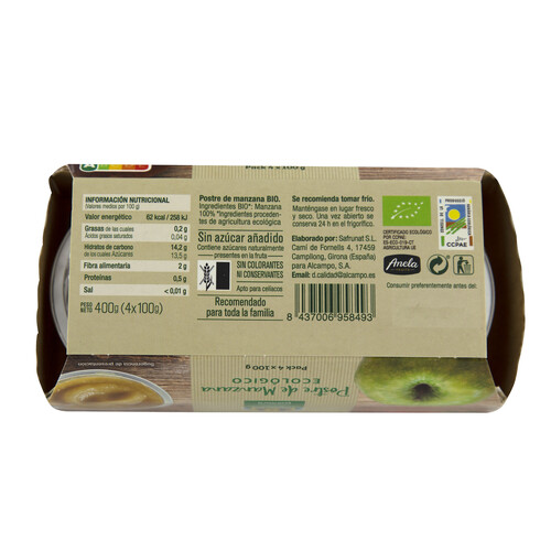 ALCAMPO CULTIVAMOS LO BUENO ECOLÓGICO Compota de manzana ecológica Pack de 4 uds. x 100 g.