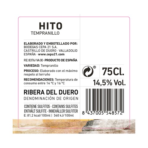 HITO Vino tinto con D.O. Ribera del Duero botella 75 cl.