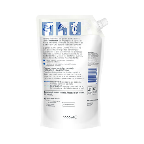 SANEX Biomeprotect dermo Gel de ducha o baño probiótico, para piel normal recambio 1 l.