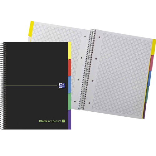 Cuaderno A4 con cuadrícula 5x5 Black n´ Colours con 10 hojas y 5 separadores, OXFORD.