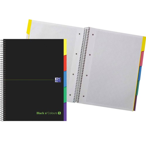 Cuaderno A4 con cuadrícula 5x5 Black n´ Colours con 10 hojas y 5 separadores, OXFORD.