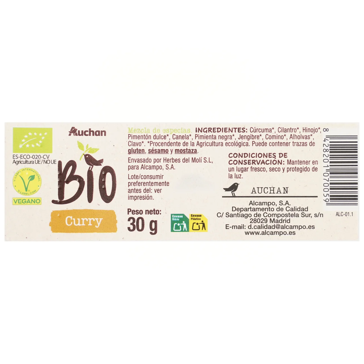 PRODUCTO ALCAMPO Bio Curry de agricultura ecológica 30 g.