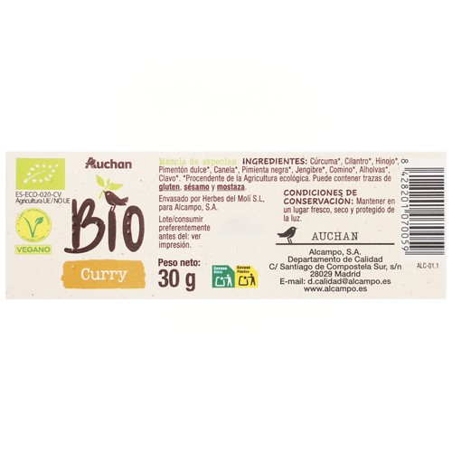 PRODUCTO ALCAMPO Bio Curry de agricultura ecológica 30 g.
