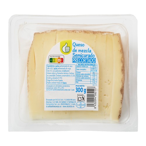 PRODUCTO ECONÓMICO ALCAMPO Queso mezcla semicurado precortado PRODUCTO ECONÓMICO ALCAMPO YA CORTADO 300 g.