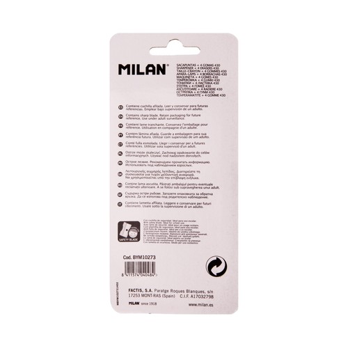 Sacapuntas con depósito y 2 agujeros + 4 gomas de borrar rectangulares color blanco MILAN.