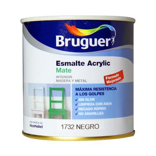 Bote de 0.25 litros de esmálte acrílico decorativo, de color negro y acabado mate BRUGUER.