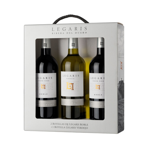 LEGARIS  Estuche con 2 botellas (75 cl) de vino tinto roble DO Ribera del Duero y botella (75 cl) de vino blanco DO Rueda LEGARIS.