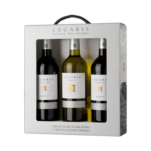 Estuche con 2 botellas (75 cl) de vino tinto roble DO Ribera del Duero y botella (75 cl) de vino blanco DO Rueda LEGARIS.