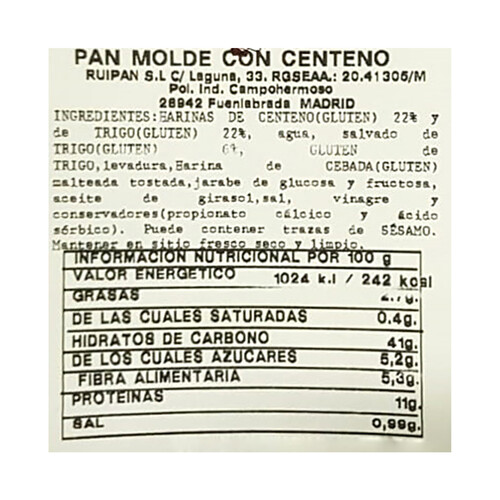MOLDIPAN Pan de molde integral con centeno y corteza 400 g.