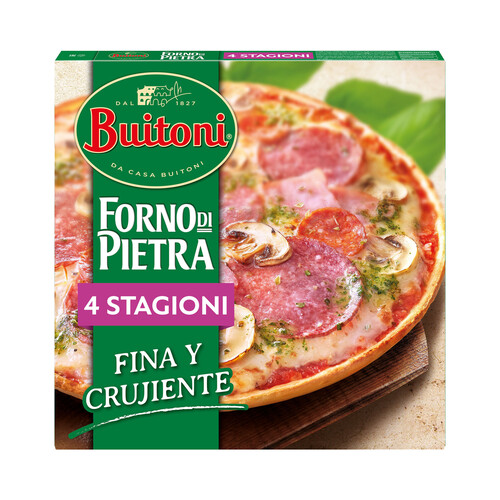 BUITONI Pizza 4 estaciones (queso, salami, champiñones y jamón cocido), de masa fina y crujiente Forno di pietra 355 g.