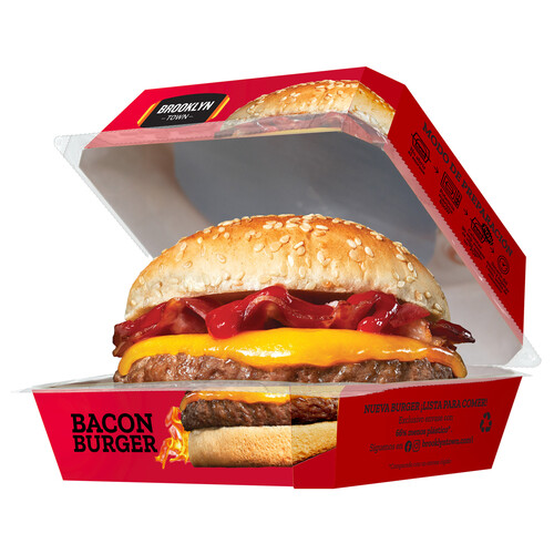 BROOKLYN TOWN Hamburguesa (100% carne de vacuno) con bacon, lista para calentar y comer 220 g.