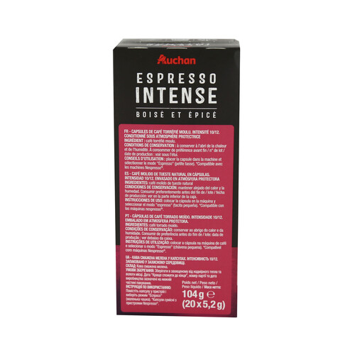 PRODUCTO ALCAMPO Café molido de tueste natural Espresso Intenso, intensidad 10 , en cápsulas PRODUCTO ALCAMPO 20 uds. 104 g.