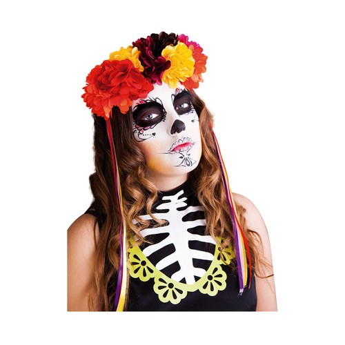 Diadema textil, lujo Katrina rosas colores Día de Muertos. RUBIES