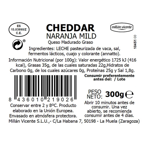 MILLÁN VICENTE Queso Cheddar naranja tierno MILLÁN VICENTE 300 g.