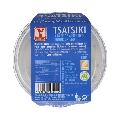 Y GRIEGA Tsatsiki a base de auténtico yogur griego Y GRIEGA 180 g.