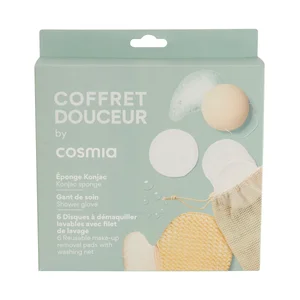 COSMIA Estuche con esponja Konjac, discos desmaquillates lavables (6 uds) y guante exfoliante.