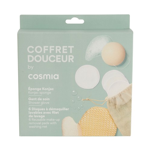 COSMIA Estuche con esponja Konjac, discos desmaquillates lavables (6 uds) y guante exfoliante.