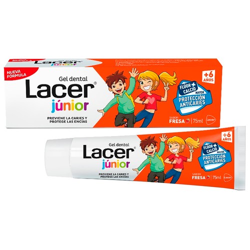 Gel dental con flúor + calcio y sabor a fresa, a partir de 6 años LACER Junior 75 ml.