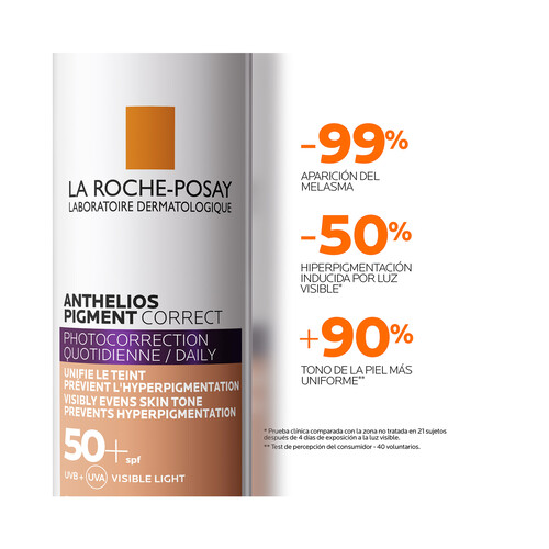 LA ROCHE POSAY Crema solar protectora con tono, antimanchas y unificadora del tono con FPS 50+ (muy alto) LA ROCHE POSAY Anthelios pigment correct 50 ml.