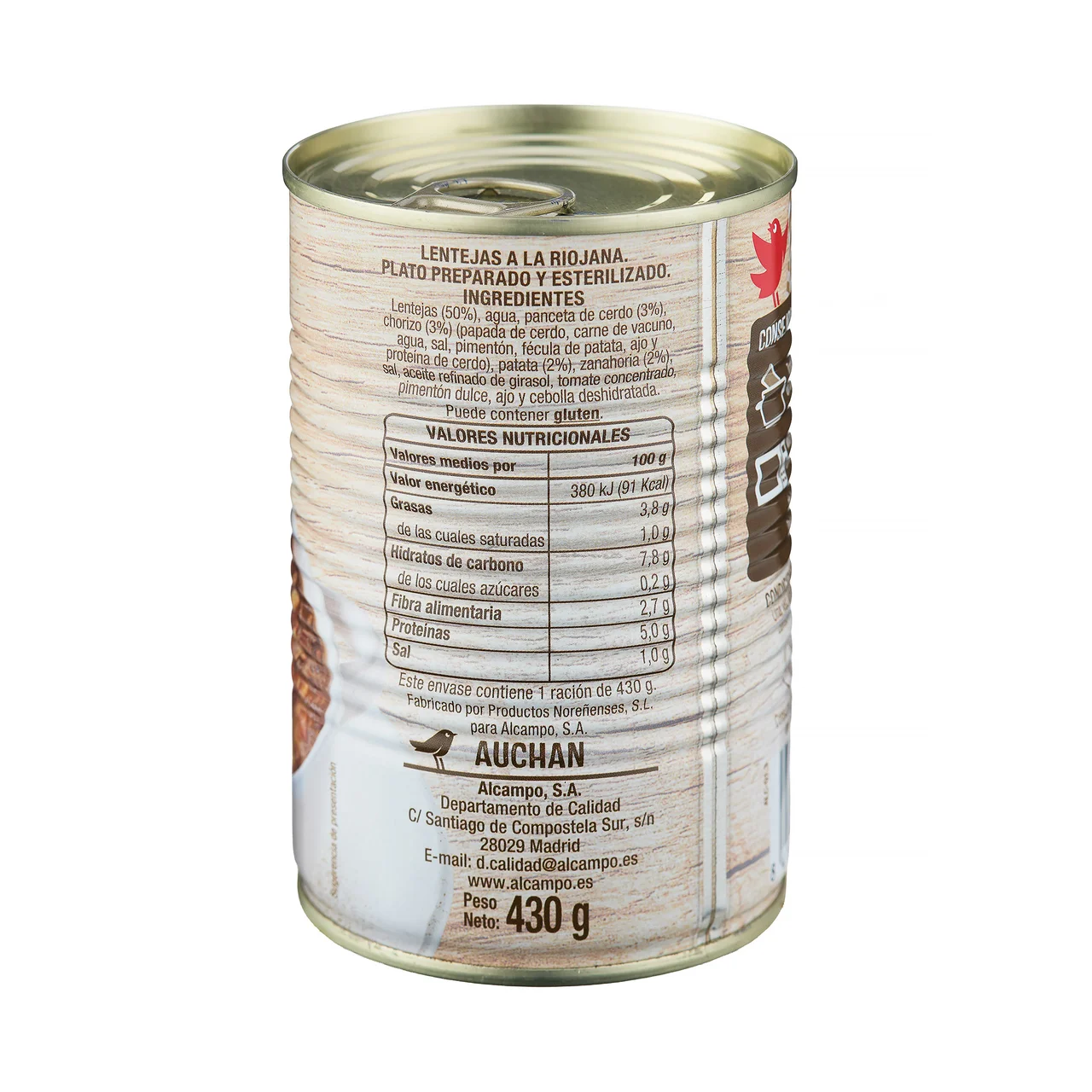 PRODUCTO ALCAMPO Lentejas a la riojana lata de 430 g