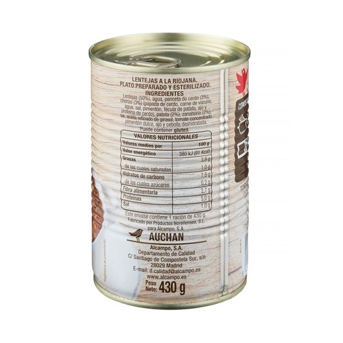 PRODUCTO ALCAMPO Lentejas a la riojana lata de 430 g