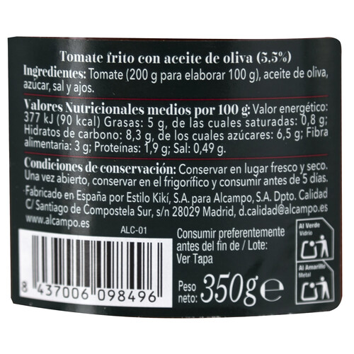 PRODUCTO ALCAMPO Collection Tomate frito con aceite de oliva, receta artesanal 350 g.