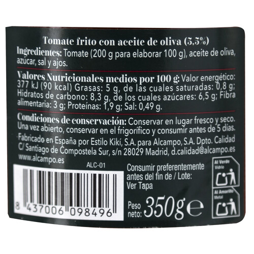 ALCAMPO ALCAMPO Collection Tomate frito con aceite de oliva, receta artesanal 350 g.