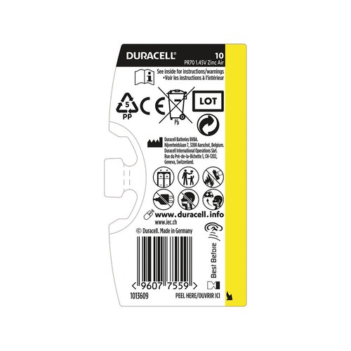 Pack de 6 pilas especiales para audífonos, tamaño 10, 1,45V, Zinc-Air., DURACELL.