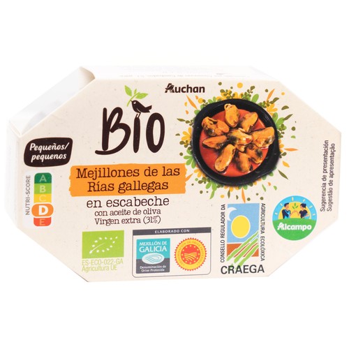 PRODUCTO ALCAMPO Mejillones en escabeche (8 - 12 piezas) ecológicos 69 g.