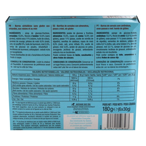 PRODUCTO ALCAMPO Barritas de cereales con almendra y miel sin gluten PRODUCTO ALCAMPO 180 gr.