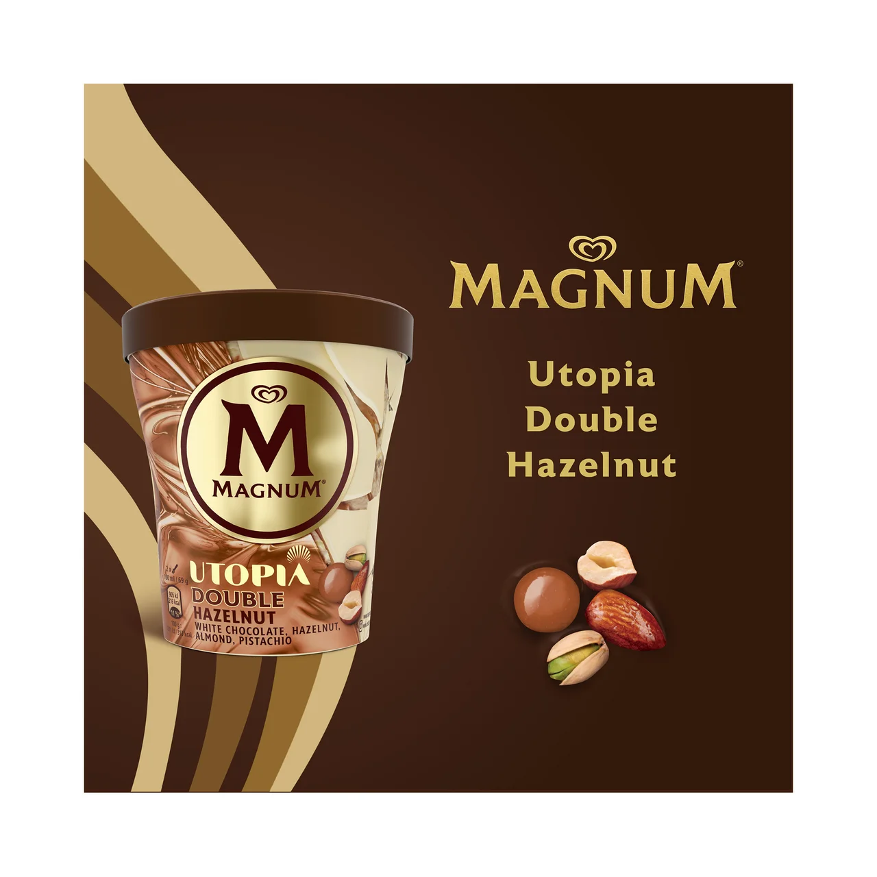 Utopia doble hazelnut de Frigo Tarrina helado de avellana, almendra y caramelo recubierto de chocolate blanco 440 ml.