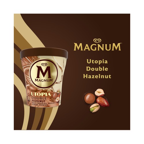MAGNUM Utopia doble hazelnut de Frigo Tarrina helado de avellana, almendra y caramelo recubierto de chocolate blanco 440 ml.