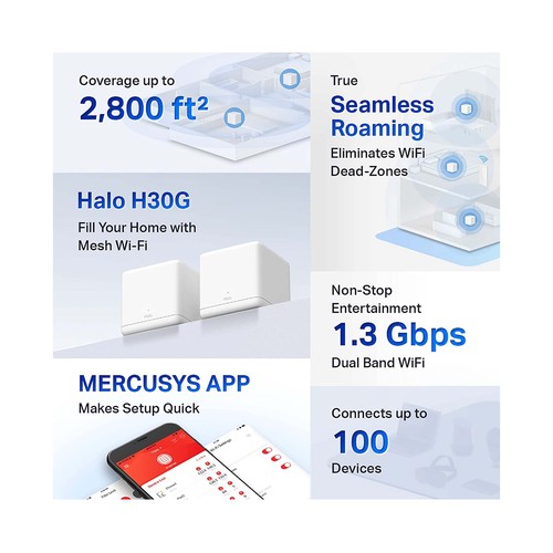 Sistema Wi-Fi MERCUSYS Halo H30G, Mesh AC1300, doble banda, hasta 100 dispositivos.